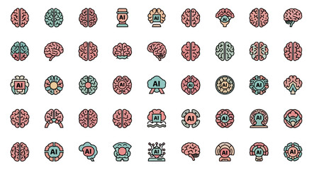 Poster - Set of Vector Icons Collection of AI Brain Icons Neural Network Machine Learning and Artificial Intelligence Concepts. Vector Illustrations. EPS Editable