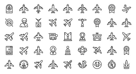 Poster - Set of Vector Icons Collection of Aviation and Travel Icon Set in Outline Style. Vector Illustrations. EPS Editable