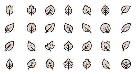 Poster - Set of Vector Icons Collection of Beige Leaf Icons with Black Outlines Various Shapes and Styles. Vector Illustrations. EPS Editable