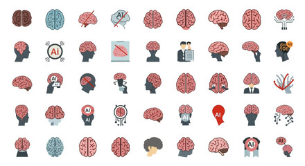 Poster - Set of Vector Icons Collection of Brain Icons with AI Concepts and Human Head Silhouettes. Vector Illustrations. EPS Editable