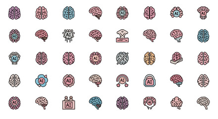 Poster - Set of Vector Icons Collection of Colorful Brain Icons Representing Artificial Intelligence Concepts. Vector Illustrations. EPS Editable