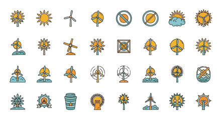 Poster - Set of Vector Icons Collection of Colorful Wind Turbine and Sun Icons in Various Styles. Vector Illustrations. EPS Editable