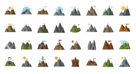Poster - Set of Vector Icons Collection of Flat Vector Mountain Icons with Various Designs and Details. Vector Illustrations. EPS Editable