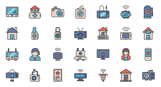 Set of Vector Icons Collection of Diverse Smart Home and Technology Icons in Flat Style. Vector Illustrations. EPS Editable