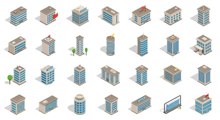 Poster - Set of Vector Icons Collection of Isometric Office Building Designs. Vector Illustrations. EPS Editable
