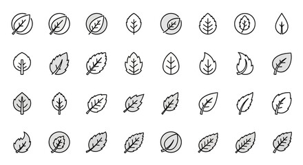 Poster - Set of Vector Icons Collection of Minimalist Leaf Icons with Black Outlines and Gray Fill. Vector Illustrations. EPS Editable