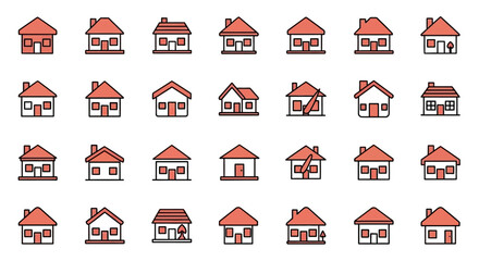 Poster - Set of Vector Icons Collection of Simple House Icons with Red Roofs and Black Outlines in a Grid Pattern. Vector Illustrations. EPS Editable