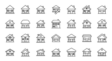Poster - Set of Vector Icons Collection of Simple Black Outline House Icons with Varying Roof Styles. Vector Illustrations. EPS Editable