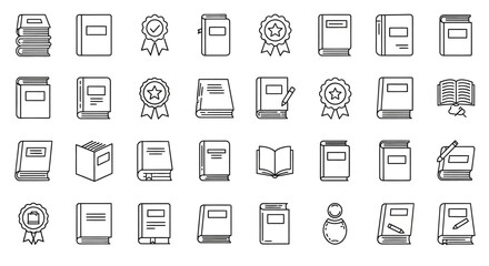 Poster - Set of Vector Icons Collection of Simple Line Art Books and Awards. Vector Illustrations. EPS Editable