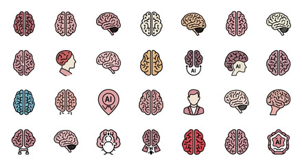 Poster - Set of Vector Icons Collection of Stylized Brain Icons Depicting Human Intelligence and AI Concepts. Vector Illustrations. EPS Editable
