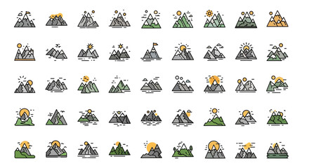 Poster - Set of Vector Icons Collection of Stylized Mountain Icons with Sun Flags and Birds. Vector Illustrations. EPS Editable