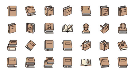 Poster - Set of Vector Icons Collection of Stylized Tan Books with Black Outlines and Various Details. Vector Illustrations. EPS Editable