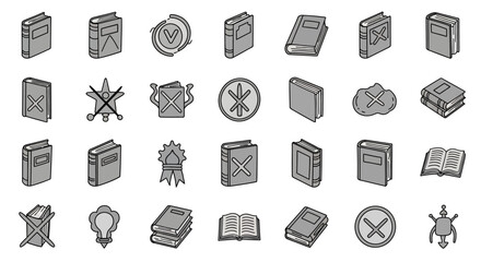 Poster - Set of Vector Icons Collection of Various Grey Book Icons with Different Styles and Symbols. Vector Illustrations. EPS Editable