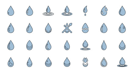 Poster - Set of Vector Icons Collection of Vectorized Water Droplets in Various Shapes and Styles. Vector Illustrations. EPS Editable