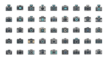 Poster - Set of Vector Icons Collection of VintageStyle 35mm Film Cameras with Flash. Vector Illustrations. EPS Editable
