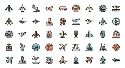 Poster - Set of Vector Icons Colorful Airplane Icons in Various Styles Representing Flight and Travel. Vector Illustrations. EPS Editable