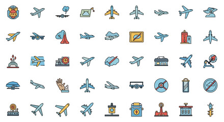 Poster - Set of Vector Icons Colorful Airplane Icons in Various Styles Outlines and Designs for Aviation. Vector Illustrations. EPS Editable