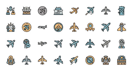 Poster - Set of Vector Icons Colorful Airplane Icons in Various Styles Representing Air Travel and Aviation. Vector Illustrations. EPS Editable