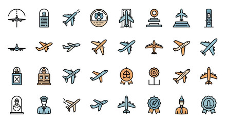 Poster - Set of Vector Icons Colorful Airplane Icons Various Aircraft Designs Outlines and Vector Illustrations. Vector Illustrations. EPS Editable