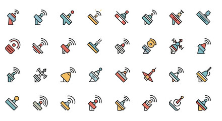 Fototapete - Set of Vector Icons Colorful Vector Illustrations of Various Satellite Dishes and Antennas. Vector Illustrations. EPS Editable