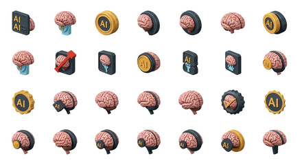 Poster - Set of Vector Icons Isometric AI Brain Icons Set Artificial Intelligence Concept with Brains. Vector Illustrations. EPS Editable