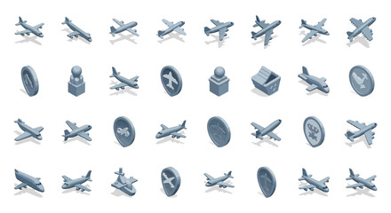 Poster - Set of Vector Icons Isometric Airplane Icons Gray Planes Coins and Building Set. Vector Illustrations. EPS Editable
