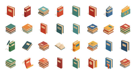 Poster - Set of Vector Icons Isometric Books Collection Colorful Stacked and Single Books with Various Designs. Vector Illustrations. EPS Editable