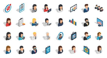 Poster - Set of Vector Icons Isometric Business People Icons Diverse Professionals with Laptops and Documents. Vector Illustrations. EPS Editable