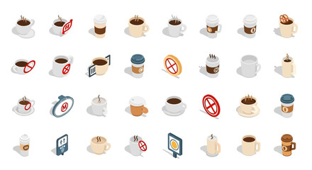 Poster - Set of Vector Icons Isometric Coffee Cup Icons Variety of Mugs Cups and Travel Containers with Steam. Vector Illustrations. EPS Editable