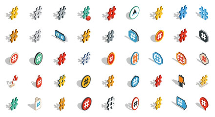 Fototapete - Set of Vector Icons Isometric Hashtag Symbols in Various Colors and Shapes Isolated. Vector Illustrations. EPS Editable