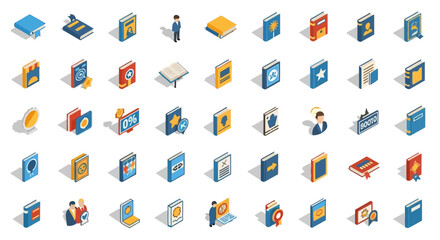 Poster - Set of Vector Icons Isometric Illustrations of Various Books with Diverse Covers and Styles. Vector Illustrations. EPS Editable