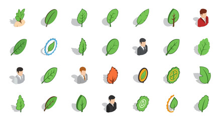 Poster - Set of Vector Icons Isometric Leaf Icons in Various Shapes and Green Hues with Shadows. Vector Illustrations. EPS Editable