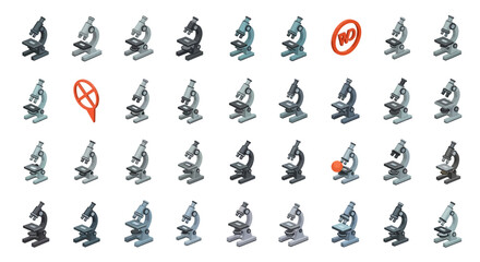 Poster - Set of Vector Icons Isometric Microscopes Array Scientific Instruments in Various Colors and Styles. Vector Illustrations. EPS Editable