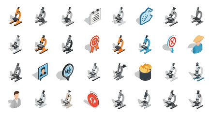 Poster - Set of Vector Icons Isometric Microscopes Scientific Instruments in Various Colors and Styles. Vector Illustrations. EPS Editable