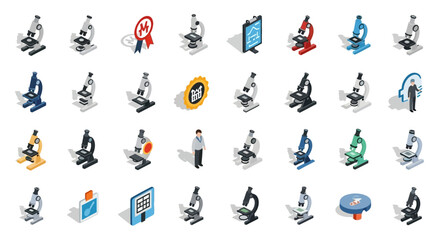 Poster - Set of Vector Icons Isometric Microscopes Diverse Colors Styles and Designs for Scientific Research. Vector Illustrations. EPS Editable