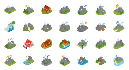 Poster - Set of Vector Icons Isometric Mountain Illustrations with SnowCapped Peaks Trees and Sun. Vector Illustrations. EPS Editable
