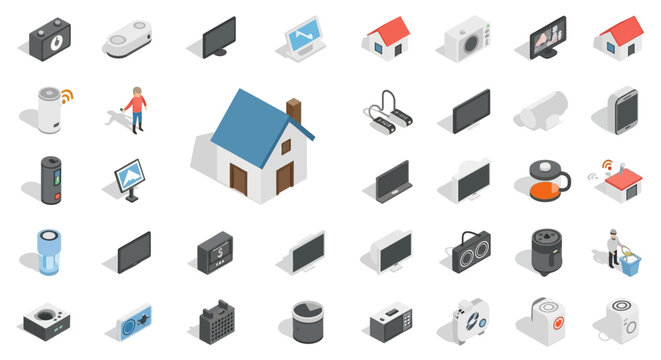 Set of Vector Icons Isometric House with Blue Roof and Brown Door Illustration. Vector Illustrations. EPS Editable