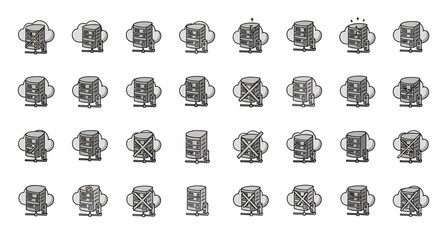 Poster - Set of Vector Icons Stylized Cloud Server Icons Depicting Data Storage Processing and Connectivity Issues. Vector Illustrations. EPS Editable