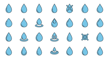 Poster - Set of Vector Icons Water Drop Icons Blue Liquid Symbols with Ripple and Prohibition Signs. Vector Illustrations. EPS Editable