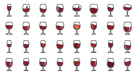 Poster - Set of Vector Icons Wine Glasses Collection Red Wine in Various Glass Shapes and Levels. Vector Illustrations. EPS Editable
