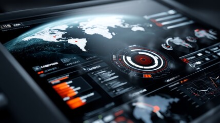 Poster - Futuristic Data Visualization on Tablet Screen with Global Map and Interactive Graphs
