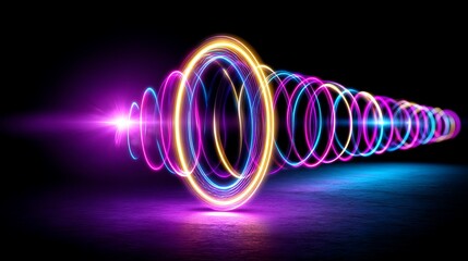 Poster - Vibrant Light Waves in Motion with Circular Patterns and Radiant Glow on Dark Background