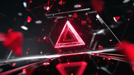 Poster - Abstract Red Triangle Shape with Dynamic 3D Elements and Fragments in Dark Background