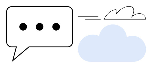 Poster - Speech bubble with ellipsis and outlined clouds illustrating digital messaging, data exchange, and online interaction. Ideal for technology, communication, cloud computing, networking, creativity