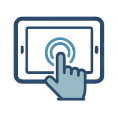 Fototapete - Tablet Touch Screen Icon: Hand Interacting with Digital Device, Blue Line Art