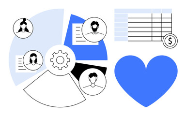 Poster - Pie chart, user profiles, gear, financial table, and blue heart representing teamwork, data analysis, workflow optimization, collaboration, human resources finance and a simple landing page