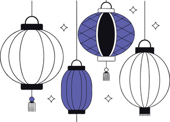 Leinwandbilder - A collection of elegant chinese lanterns rendered in a clean and classic line art style suitable for various decorative applications