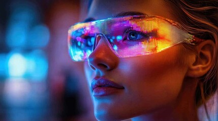Fototapete - In vibrant high tech environment, young woman showcases LED glasses displaying animated digital patterns, casting colorful glow on her face, emphasizing her features against backdrop