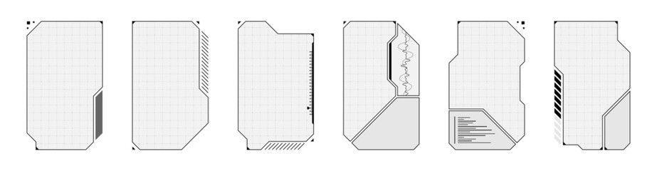 Leinwandbilder - Minimal sci fi game HUD with neon buttons, rectangular frames and cyberpunk UI elements. White and black overlay mimics live stream dashboard or VR player interface.