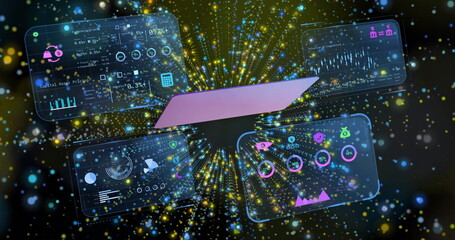 Poster - Floating purple laptop outline in digital field, showing four holographic data panels and particles